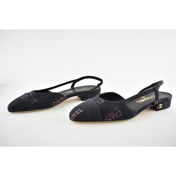 Chanel 22P Mademoiselle Coco Sling Black Grey Denim Slingback Ballet Flat 37 - Picture 10 of 12